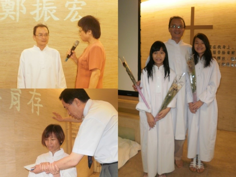 台北復興堂創會牧師柳建台和師母沈招治，為鄭振宏弟兄一家四口施洗。（圖／鄭振宏、林育存夫婦 提供）